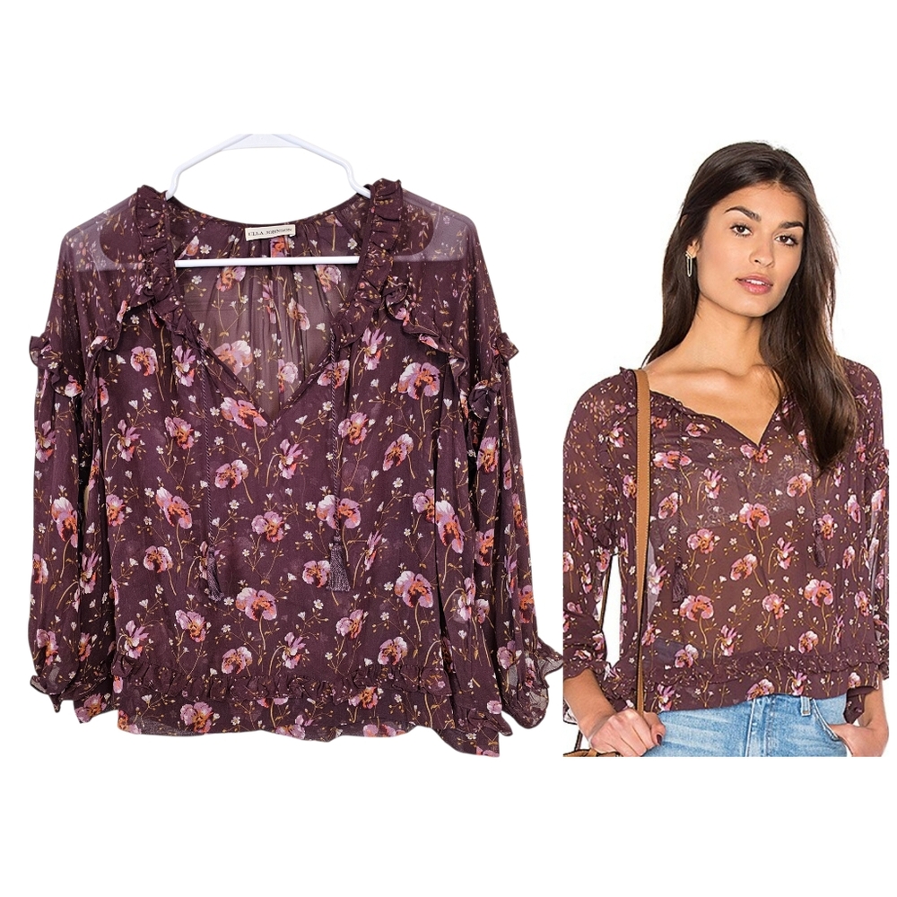 Ulla Johnson Raine Blouse Floral Silk Georgette Plum Print Ruffle Tassel